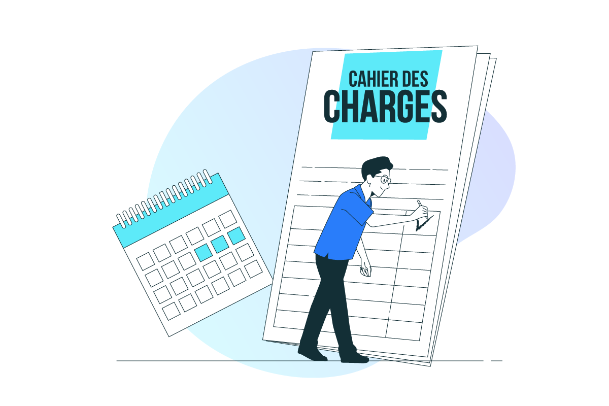 Illustration d'un homme consultant un cahier des charges géant