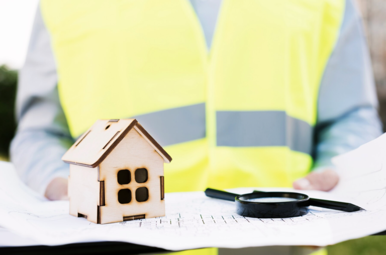 Photo d'un gilet jaune devant une maquette de maison en bois