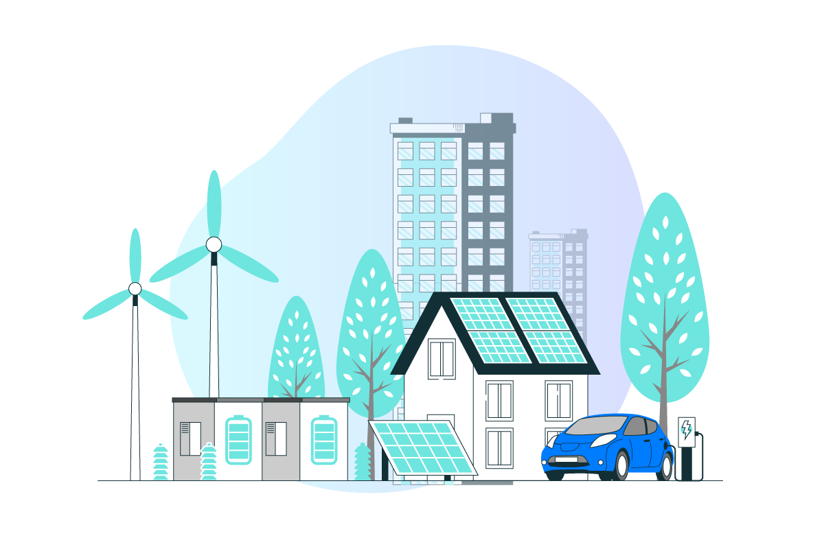 illustration d'une habitation entourée de panneaux solaires et éoliennes