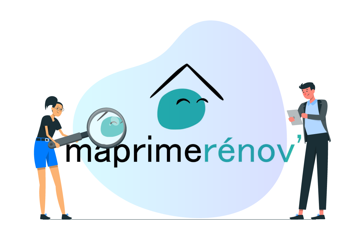 Illustration de 2 personnes pointant une loupe sur le logo de MaPrimeRénov'
