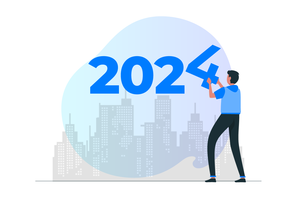 Illustration d'un jeune homme relevant le 4, à hauteur de sa tête, afin d'aligner "2024"