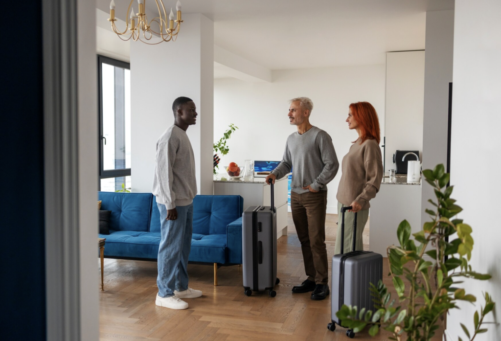 Photo de trois personnes discutant dans un appartement
