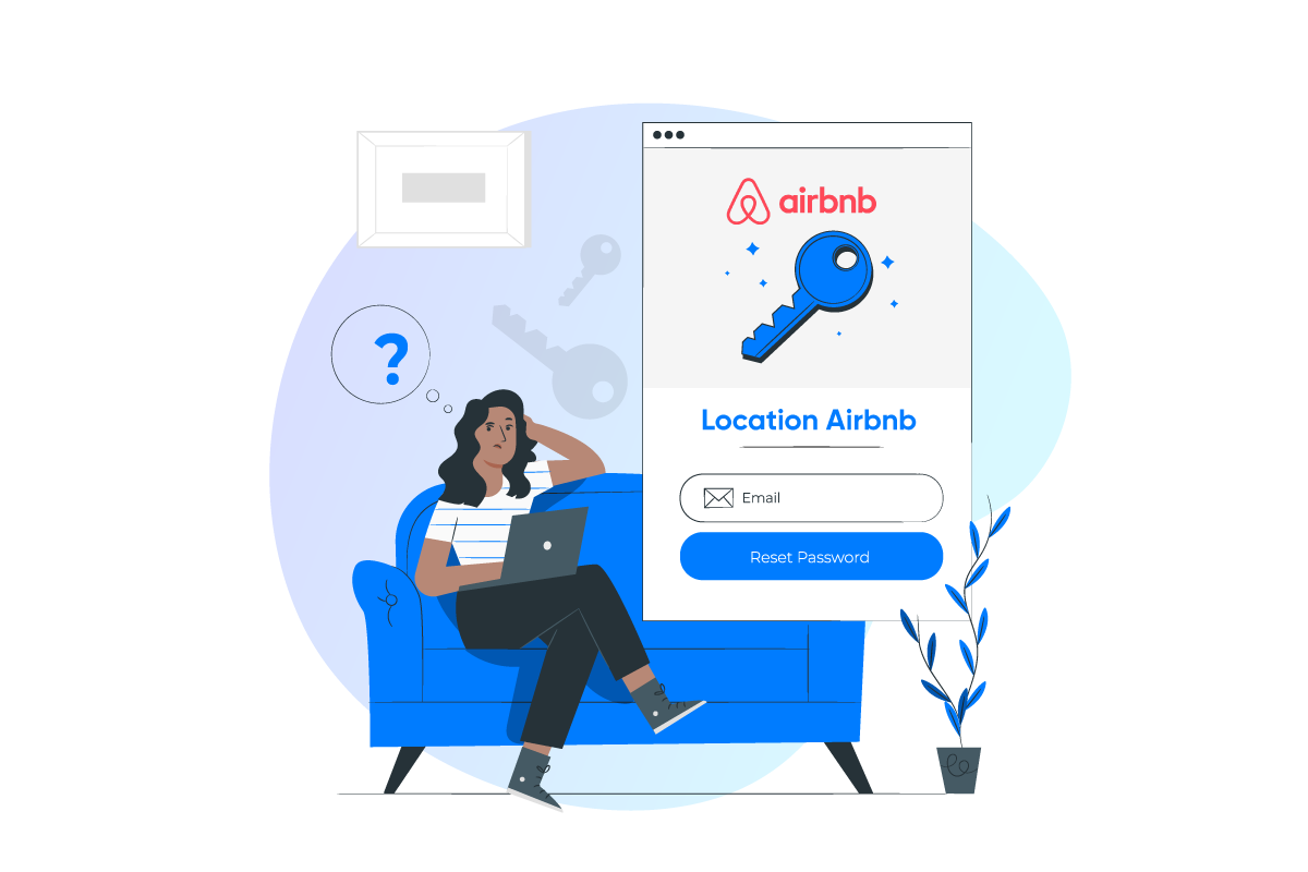 Illustration d'une femme assise sur son canapé, faisant une recherche internet sur Airbnb