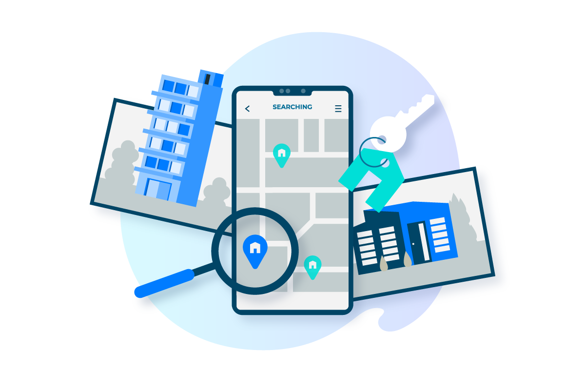 Illustration d'un téléphone avec un plan, une loupe, des clés et une image d'immeuble