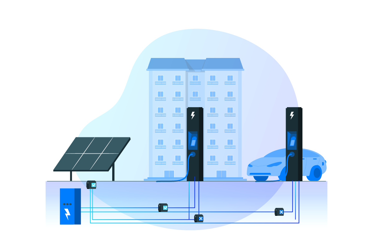 Illustration de 2 bornes de recharge électrique reliées à un panneau solaire