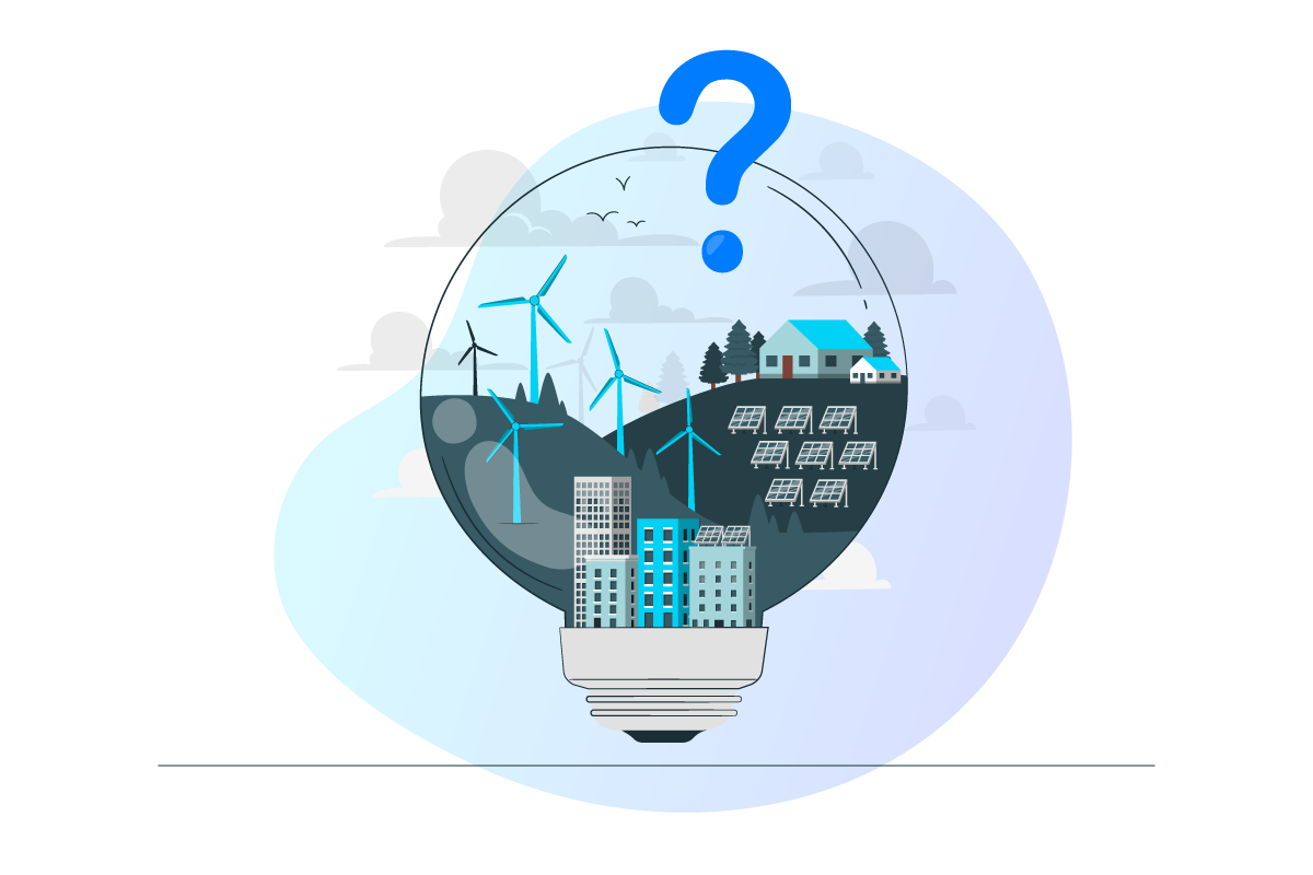 Illustration d'une ampoule dans laquelle se trouve un immeuble, et au dessus, un champs d'éoliennes et un champs de panneaux solaires