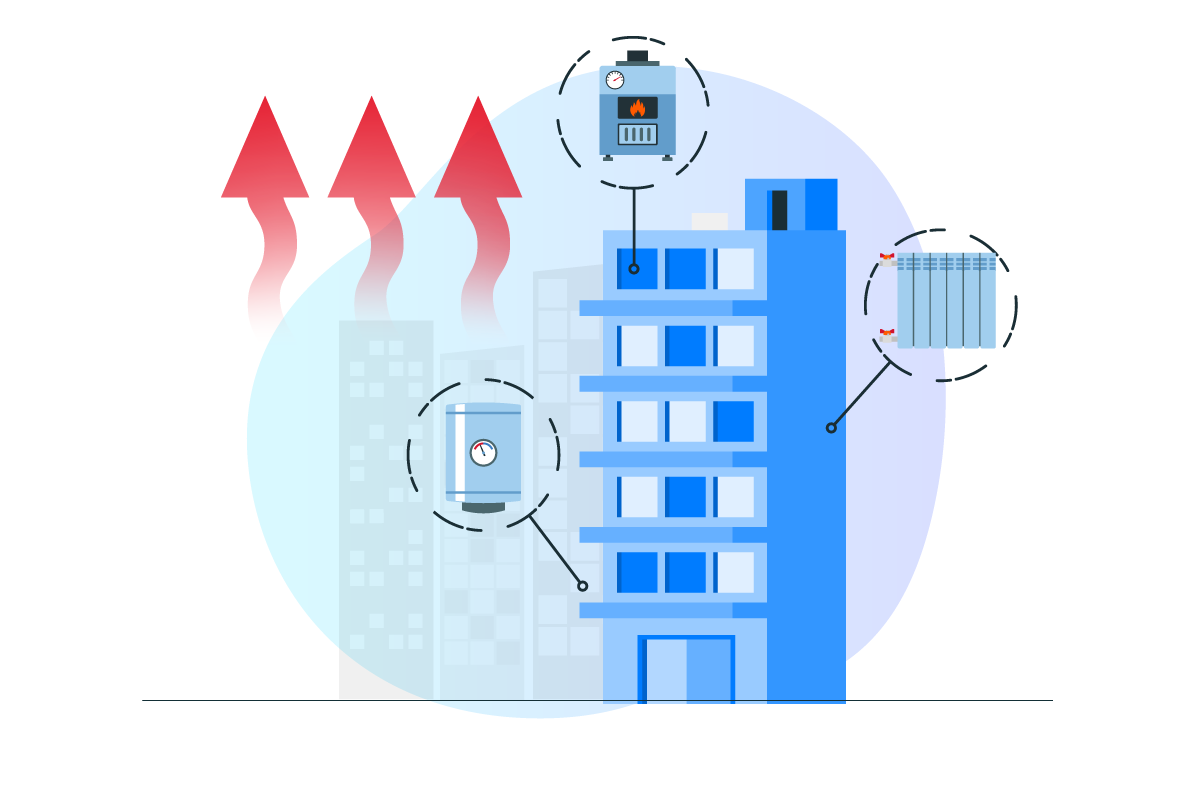 Illustration d'un immeuble avec trois flèches rouges montantes