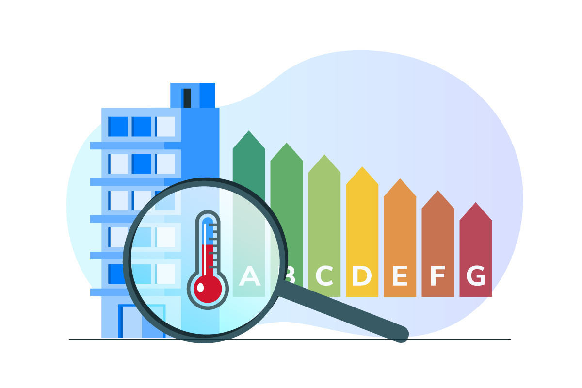 Illustration d'un immeuble avec son DPE, et une loupe grossissant un thermomètre