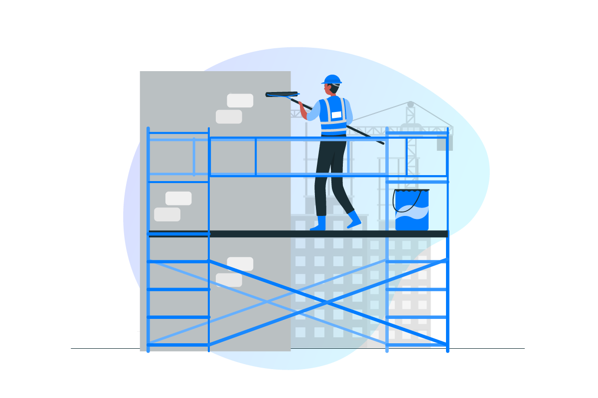 Illustration d'un ouvrier repeignant, sur des échafaudages, la façade d'un immeuble
