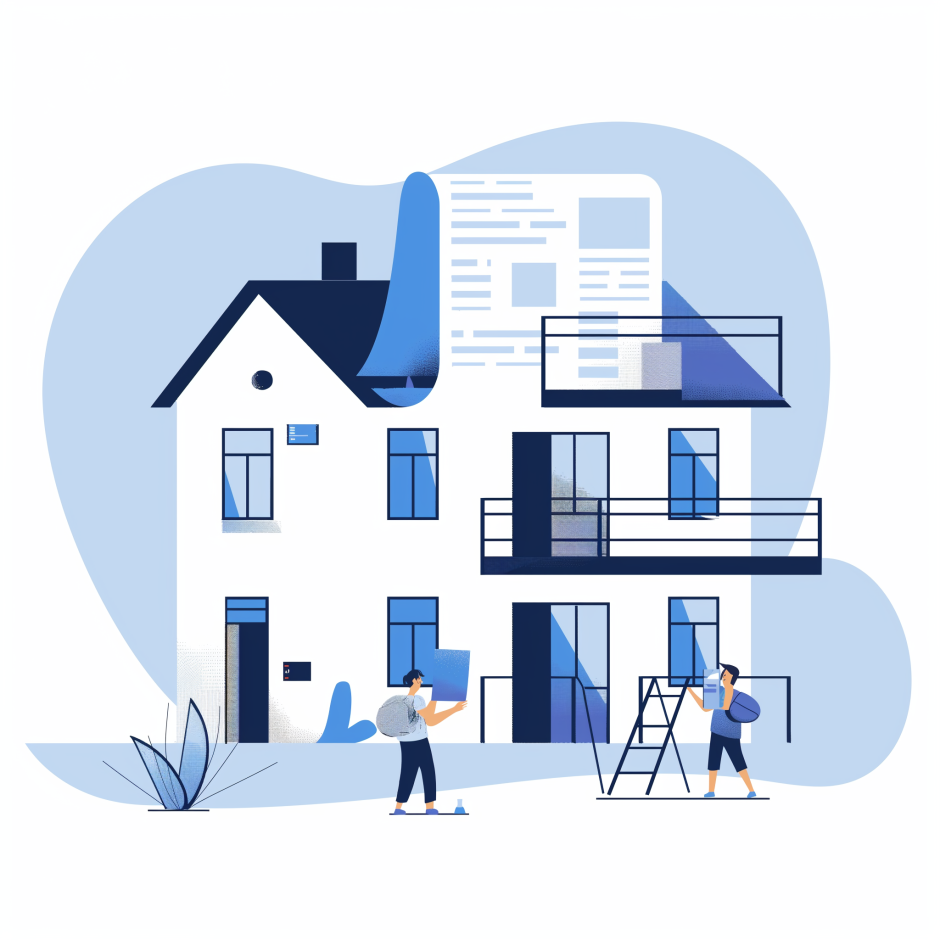 Illustration d'une maison sur deux étages avec un document géant au dessus