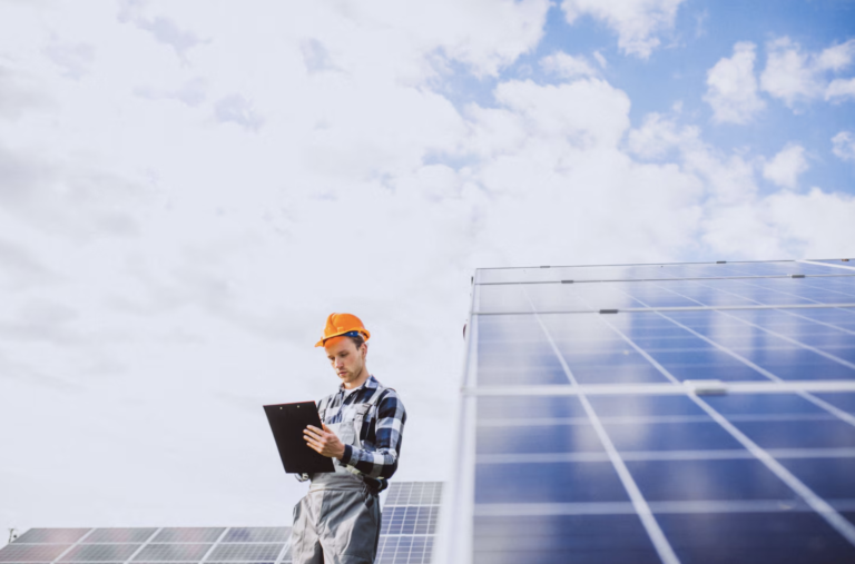 Un homme regarde son carnet, il porte un casque orange et il se trouve à côté d'un très grand panneau solaire