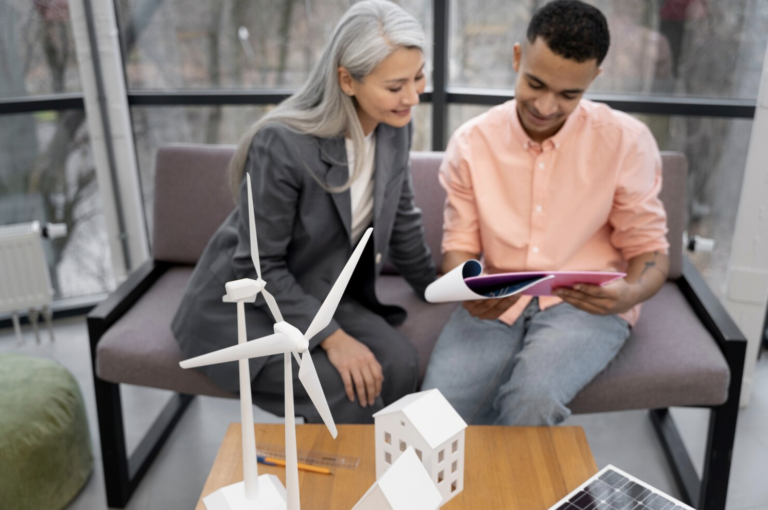 Une femme et un homme discute sur un canapé. On voit des maquettes d'éoliennes posées devant eux