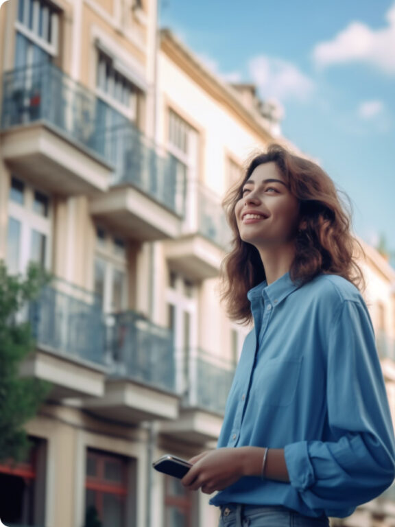 Une jeune femme à chemise bleue