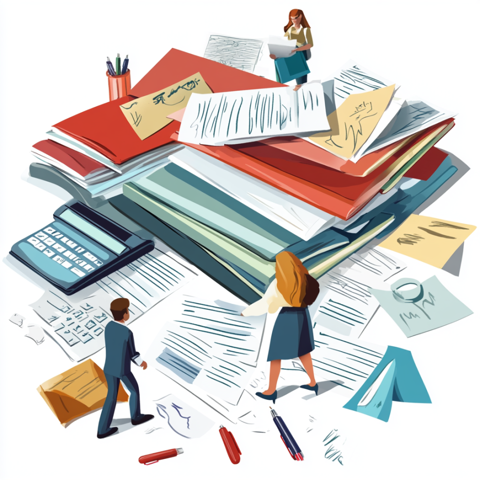 Trois personnes sont sur une pile de documents. Les documents sont bien plus grand qu'eux