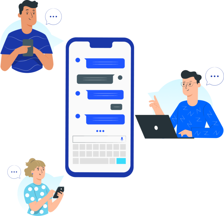 Visuel de trois personnes sur des appareils électroniques en train de chatter