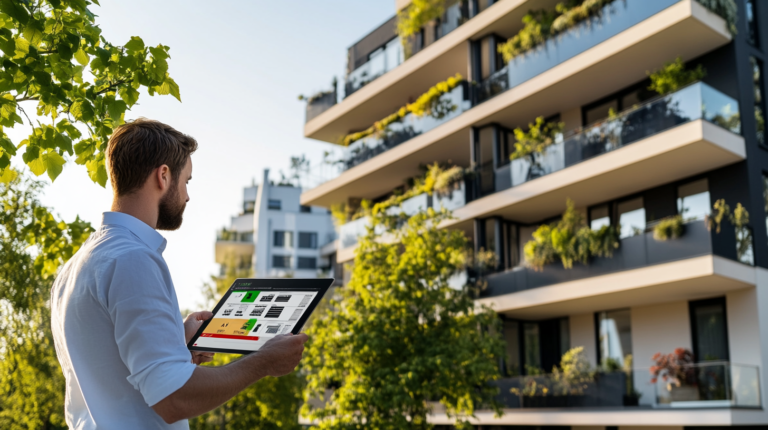 Un homme avec une tablette numérique regarde un immeuble avec beaucoup de verdure