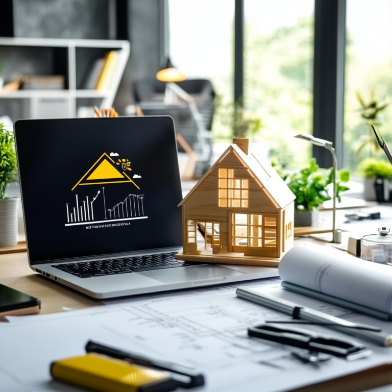 Un ordinateur portable est ouvert sur une table devant des plans papiers et une maquette de maison en bois