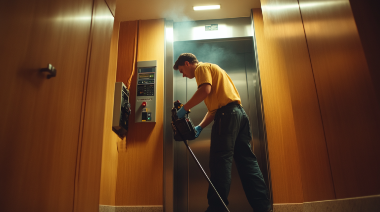 Un homme réalise la maintenance d'un ascenseur