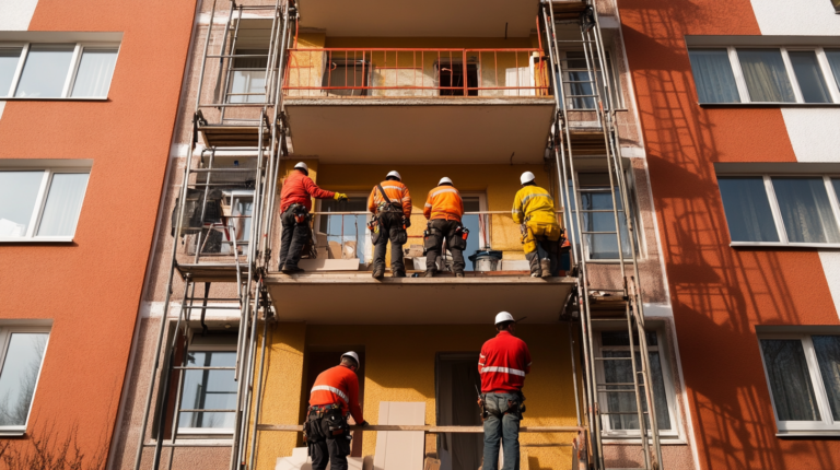 Des ouvriers procèdent au ravalement de la façade d'une copropriété