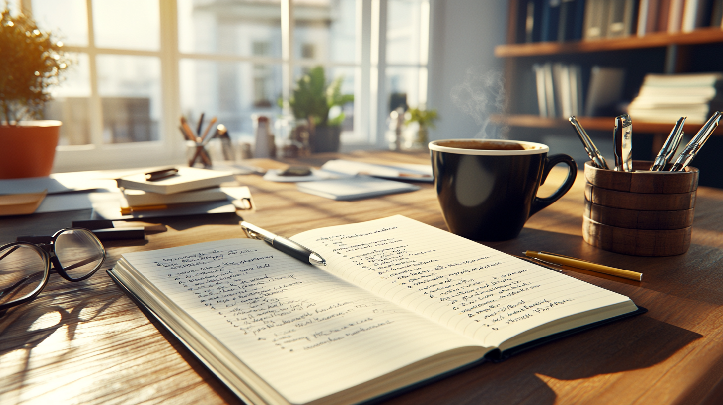 Photo d'un carnet avec des inscriptions, un stylo et une tasse de café chaude à côté