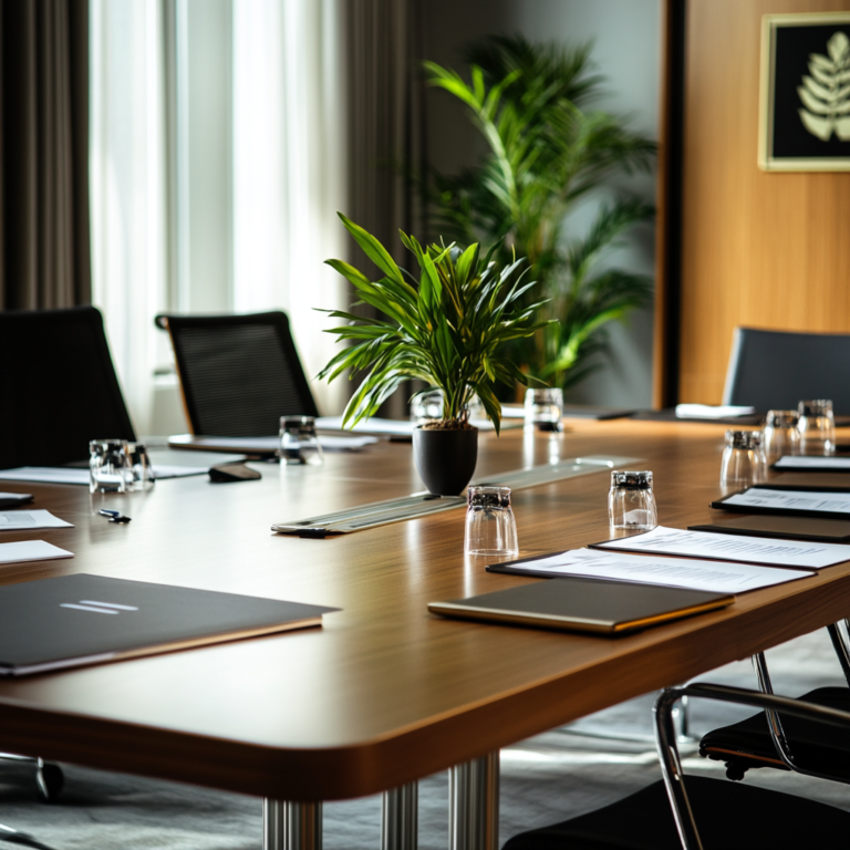 Photo d'une table de réunion avec des documents et verres d'eau