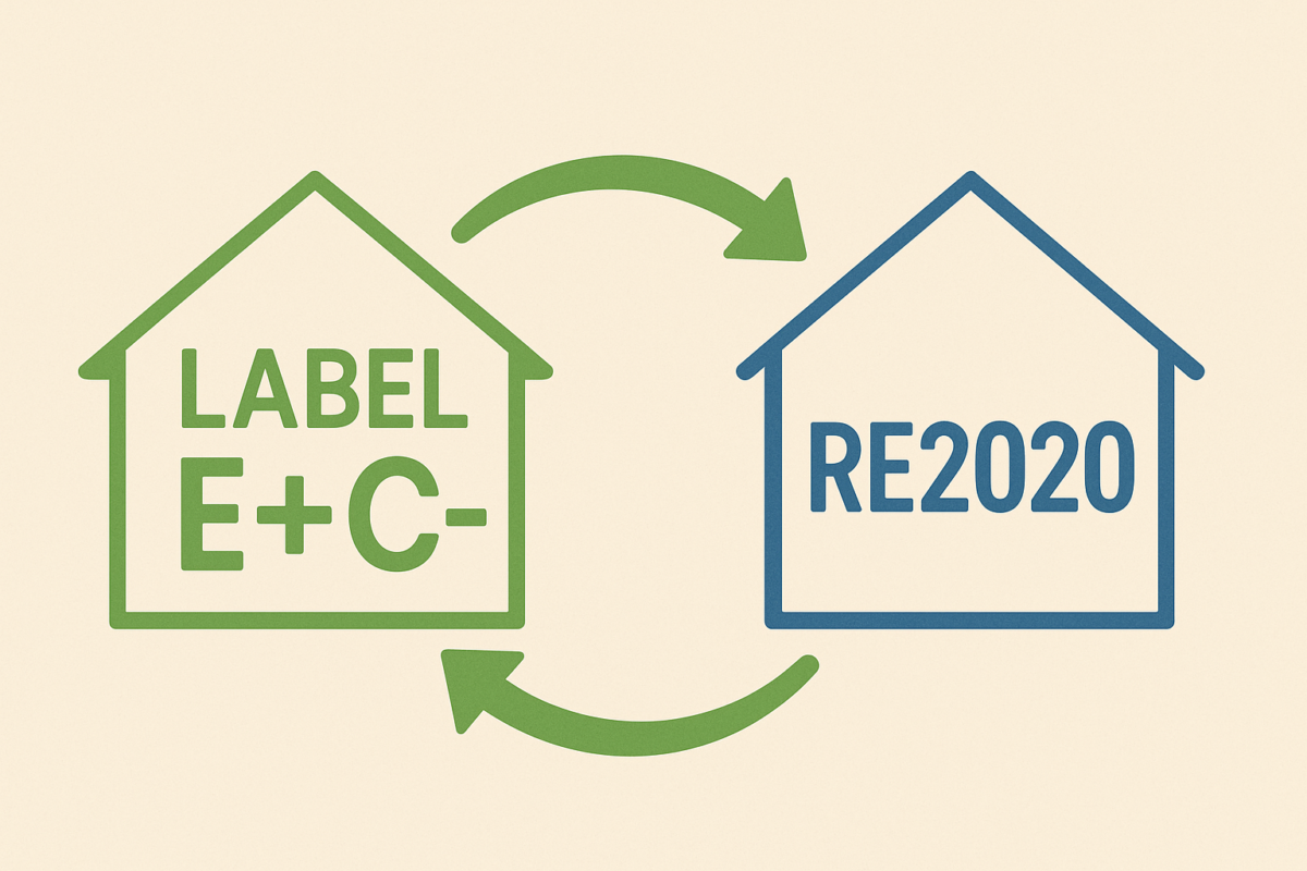 Illustration de deux maisons : l'une a le label E+C-, l'autre RE2020