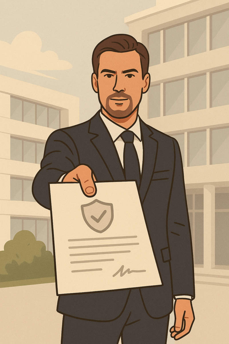 Un gestionnaire en costume tend un contrat avec un bouclier. Nous sommes devant des immeubles
