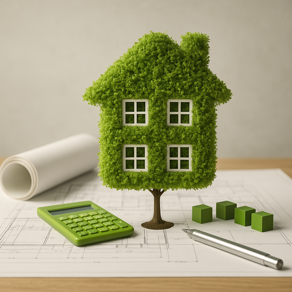 Illustration d'une maquette de maison recouverte de lierres sur une table avec des plans