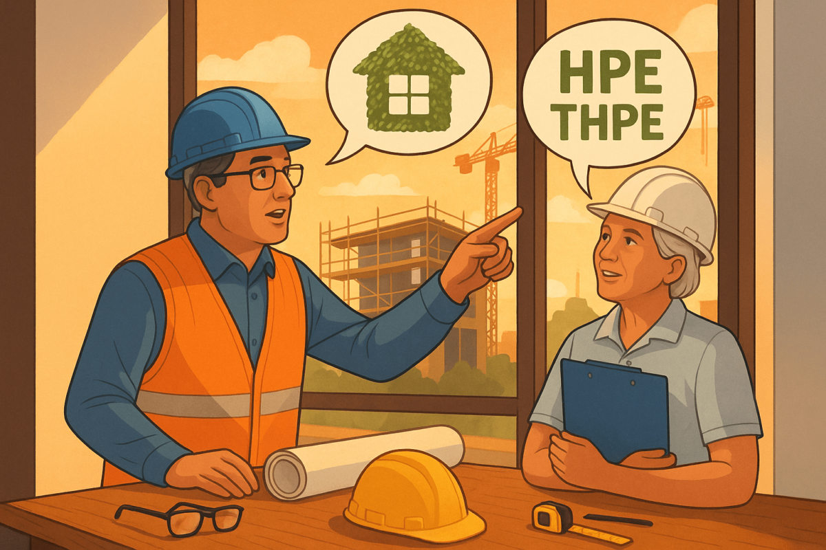 Illustration d'un homme en tenu de chantier discutant de projet de maison verte avec une femme