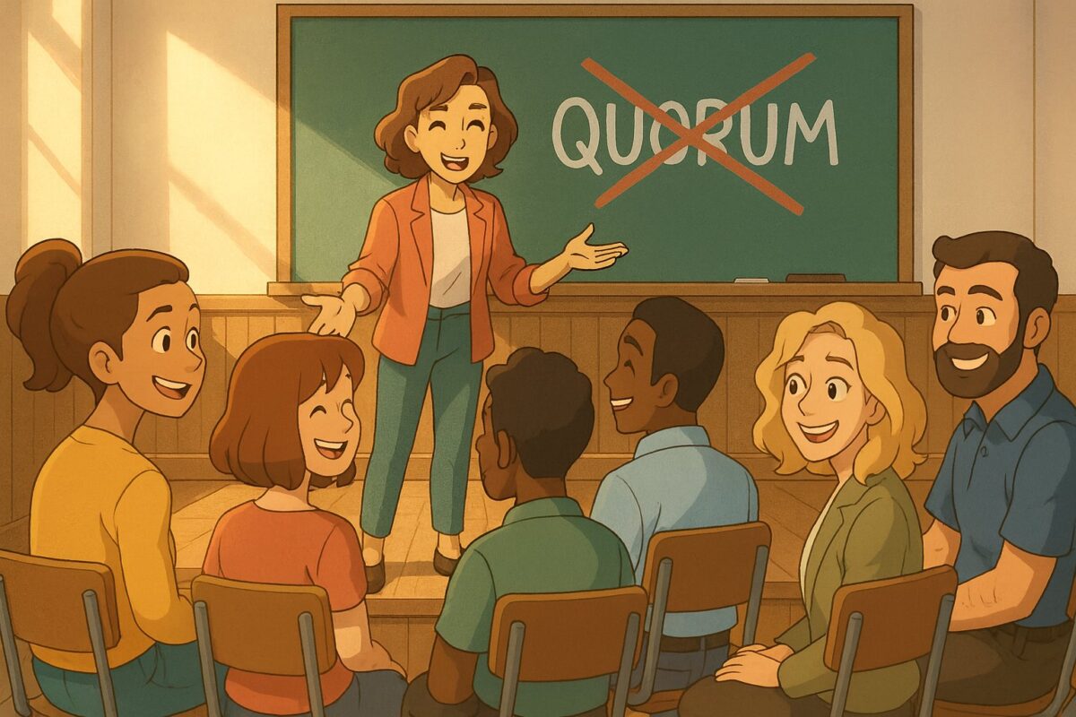 Illustration d'une gestionnaire montrant lors d'une AG le mot quorum barré