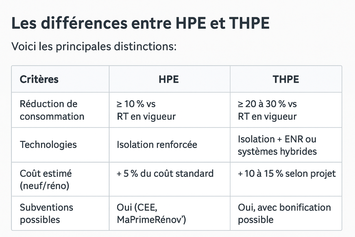 Tableau sur les détails des labels HPE et THPE en résumé