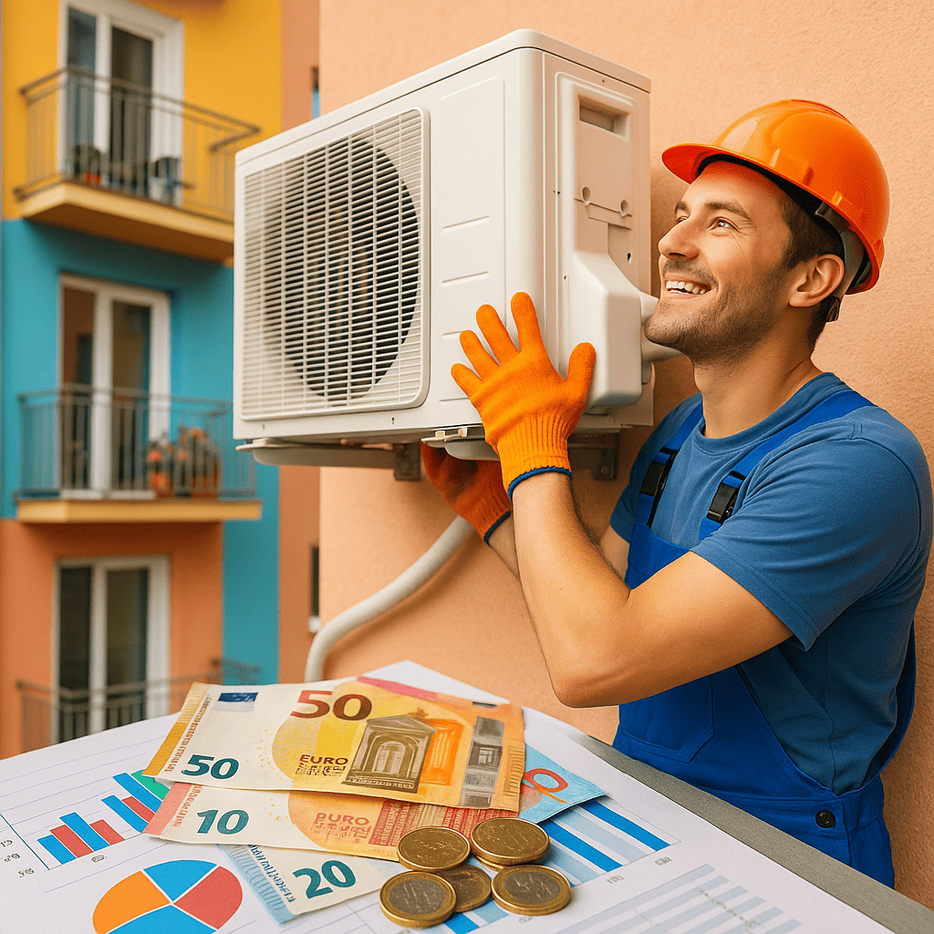 Photo d'un installateur de climatisation en plein travail sur un immeuble