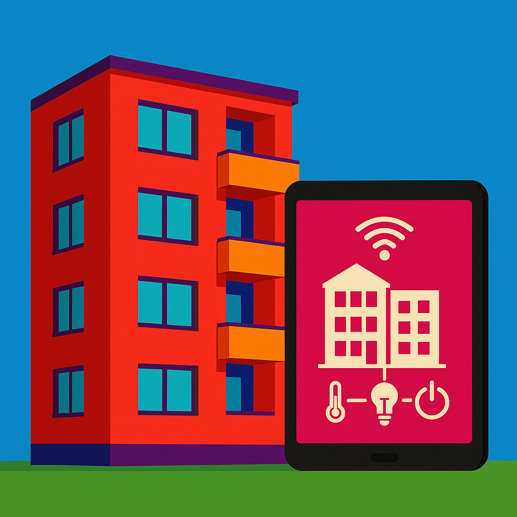Un immeuble rouge est connectée à une tablette