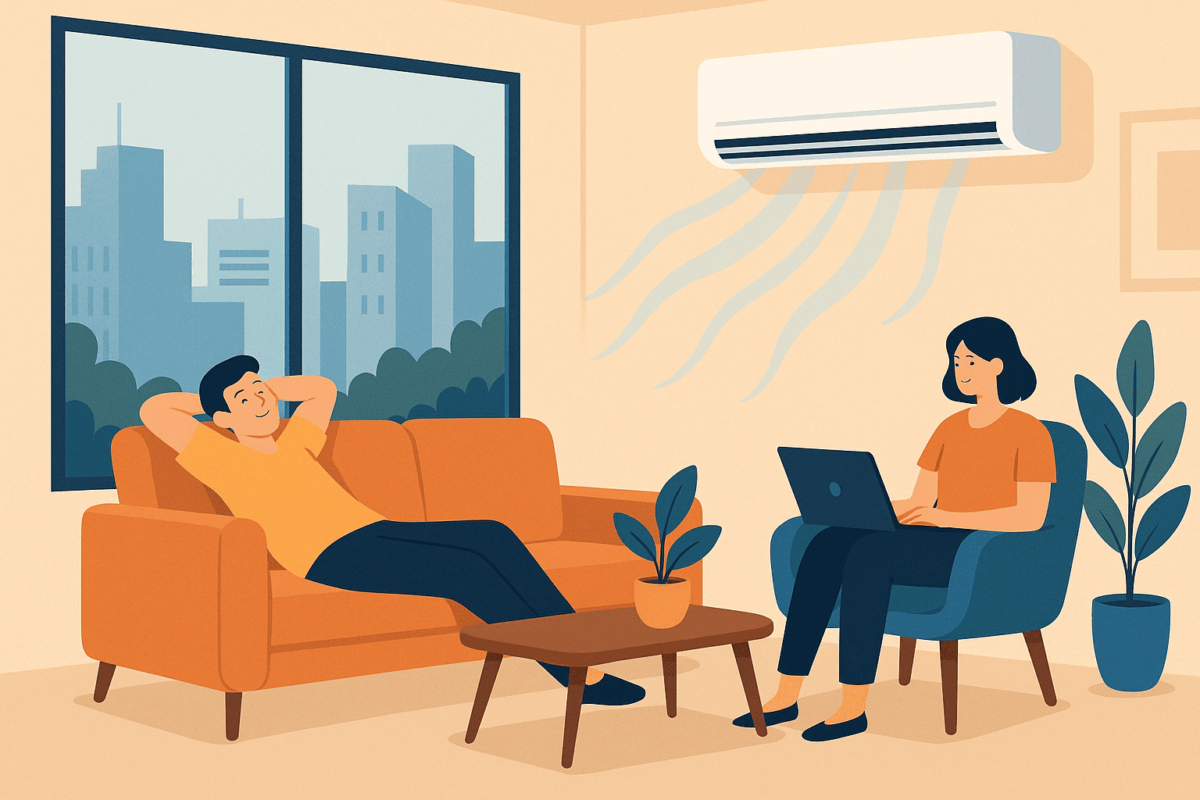 Image de deux personnes relaxées dans leur appartement avec climatisation