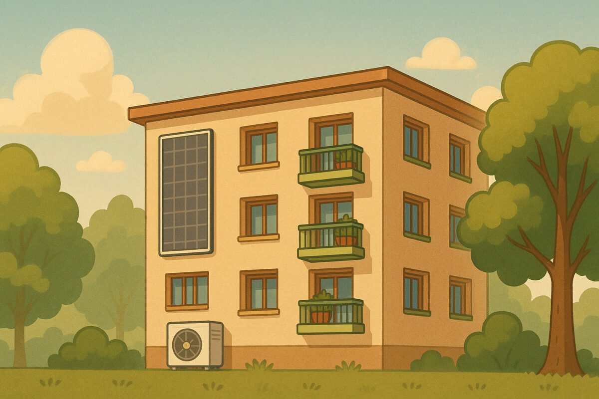 Illustration d'une copropriété au milieu d'une foret avec des panneaux solaires