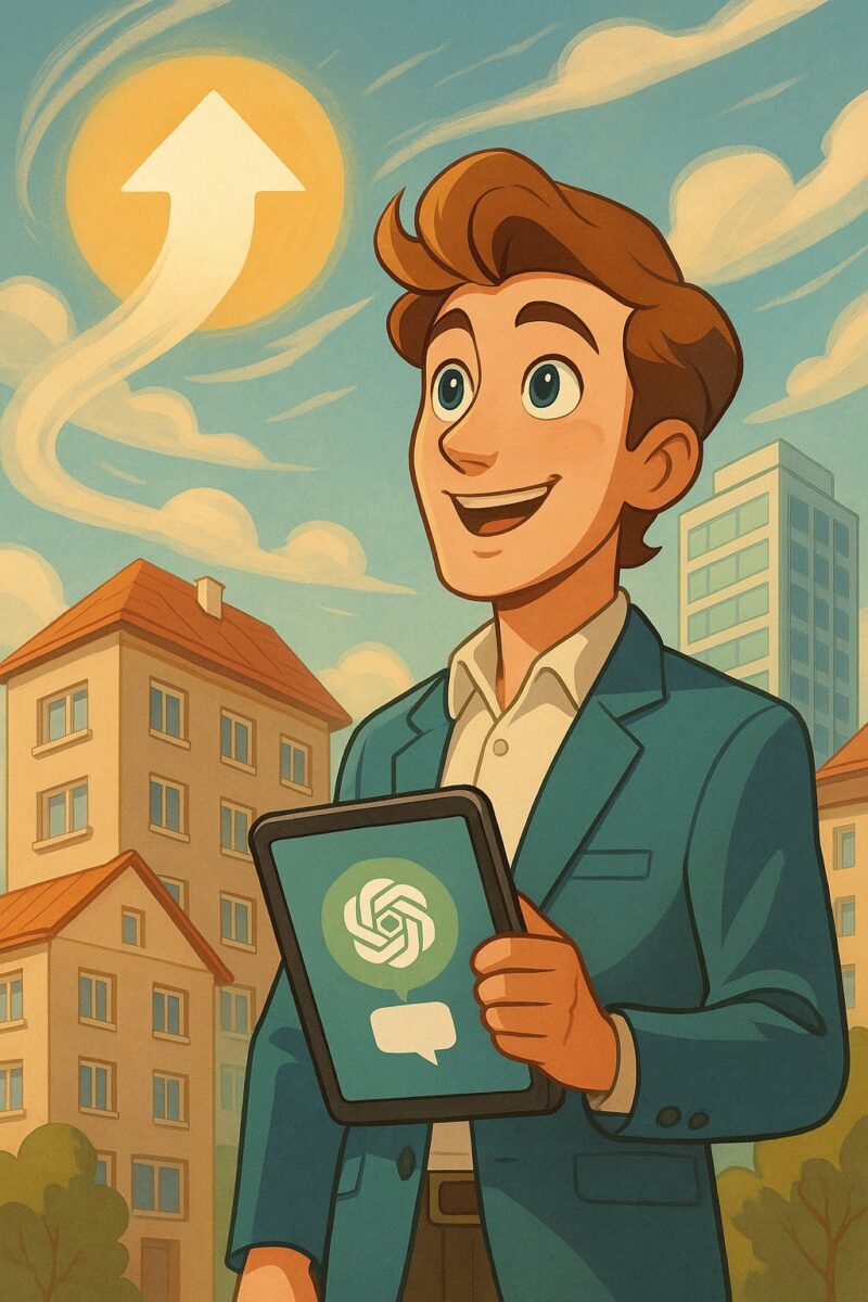Illustration d'un gestionnaire regardant le soleil avec sa tablette comportant le logo de chatgpt