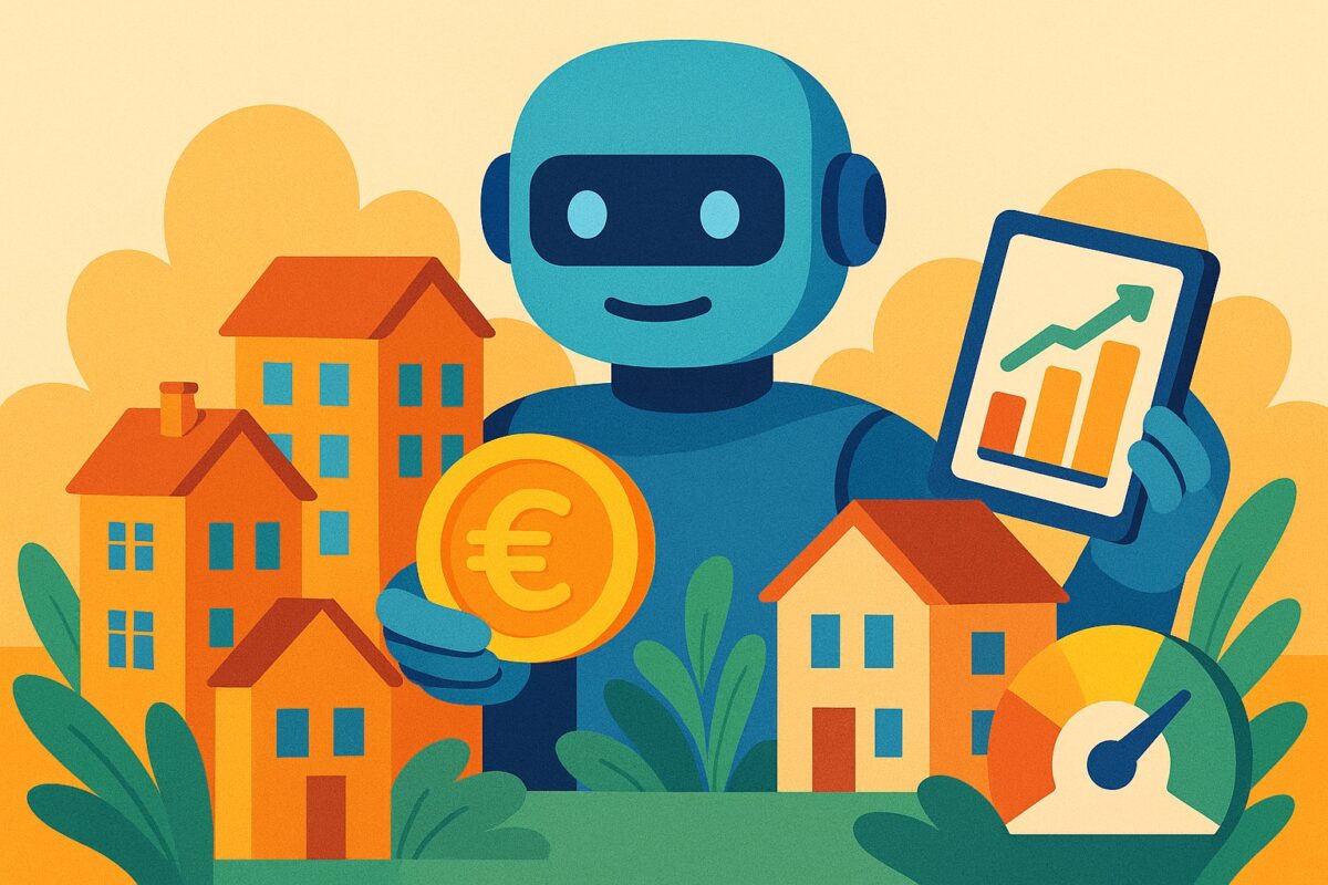 Illustration d'un robot avec une pièce dans la main ainsi qu'un graphique croissant