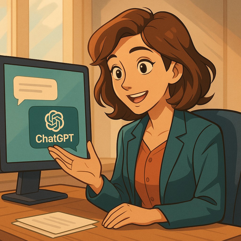 illustration d'une gestionnaire face à son écran ChatGPT