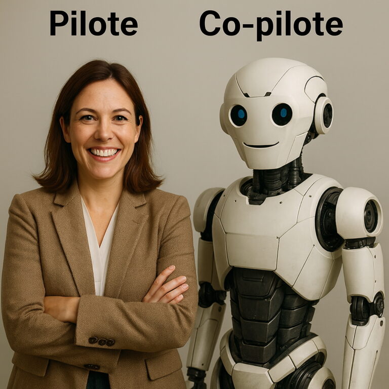 Une gestionnaire souriante croise les bras à côté d'un robot