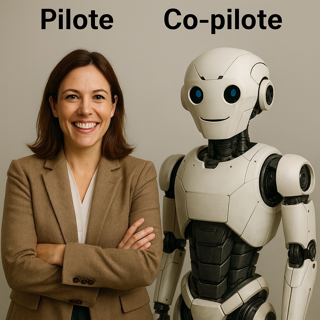 Une gestionnaire souriante croise les bras à côté d'un robot