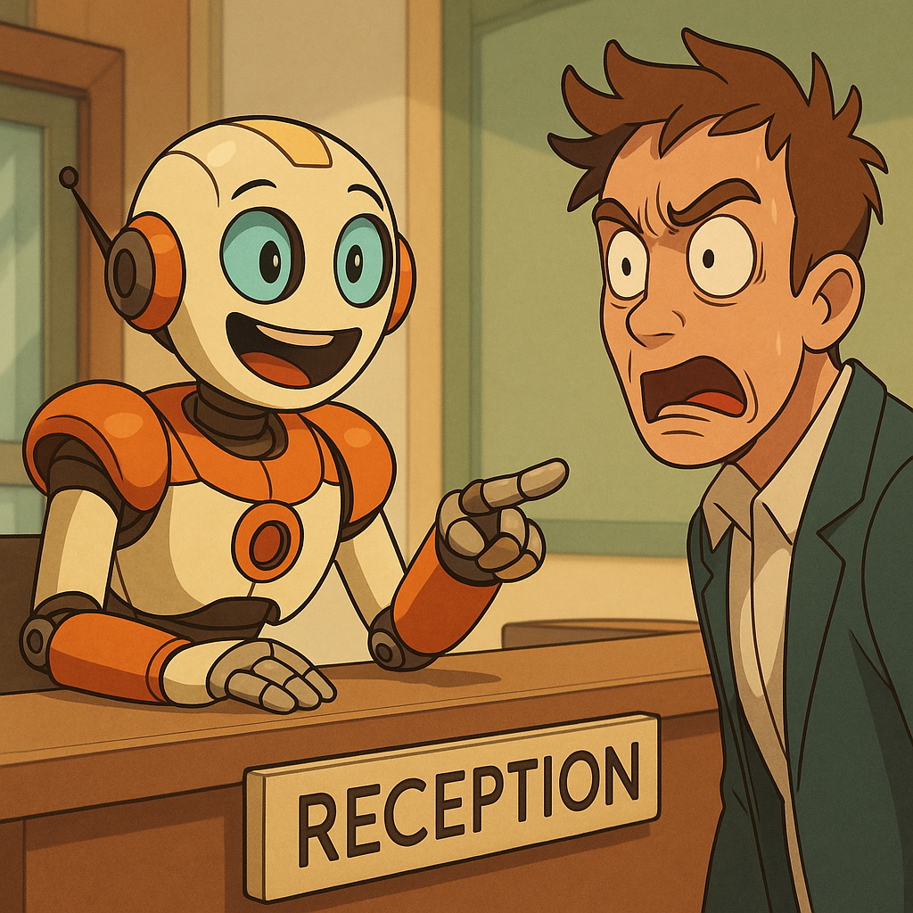Un robot est à l'accueil et parle à un copropriétaire agacé