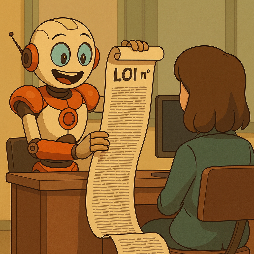 Un robot assis à son bureau lit un texte de loi à une gestionnaire
