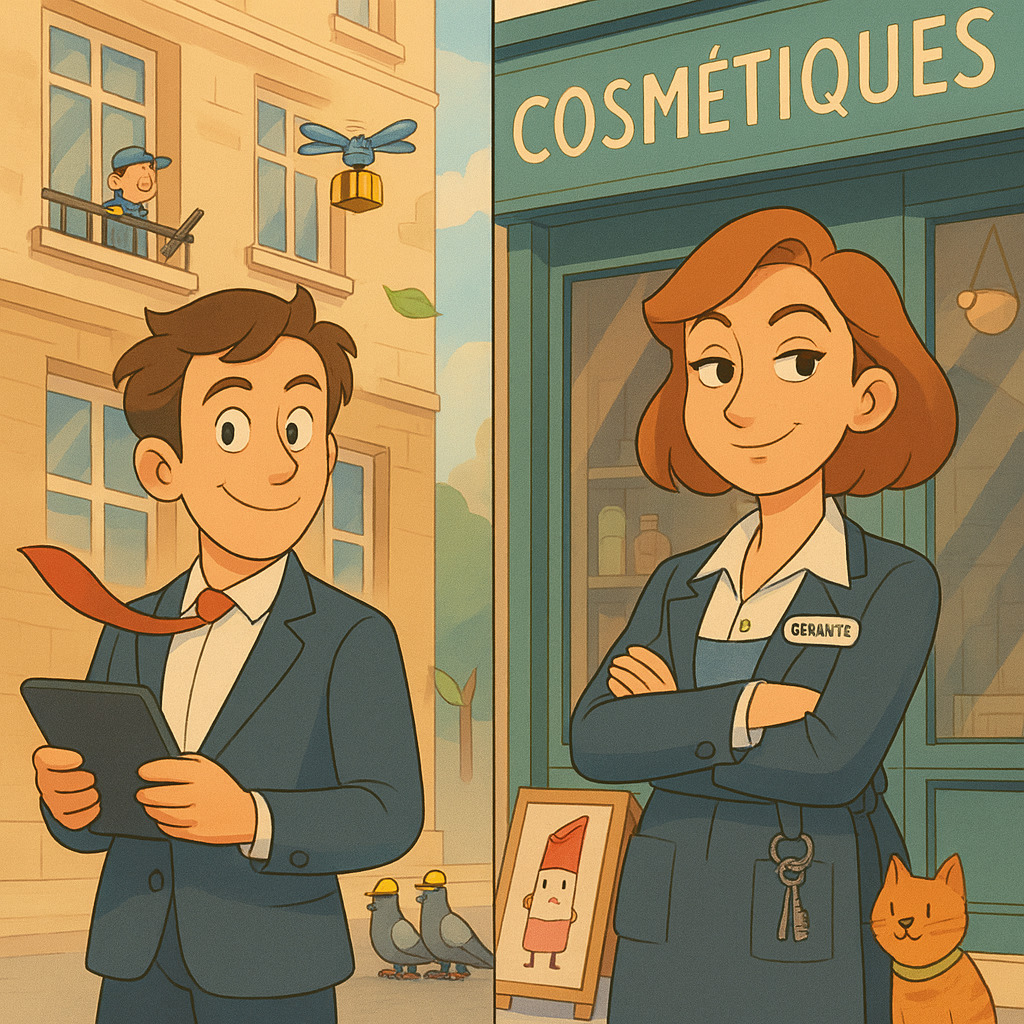 Un homme devant un immeuble à gauche, une femme devant une boutique à droite