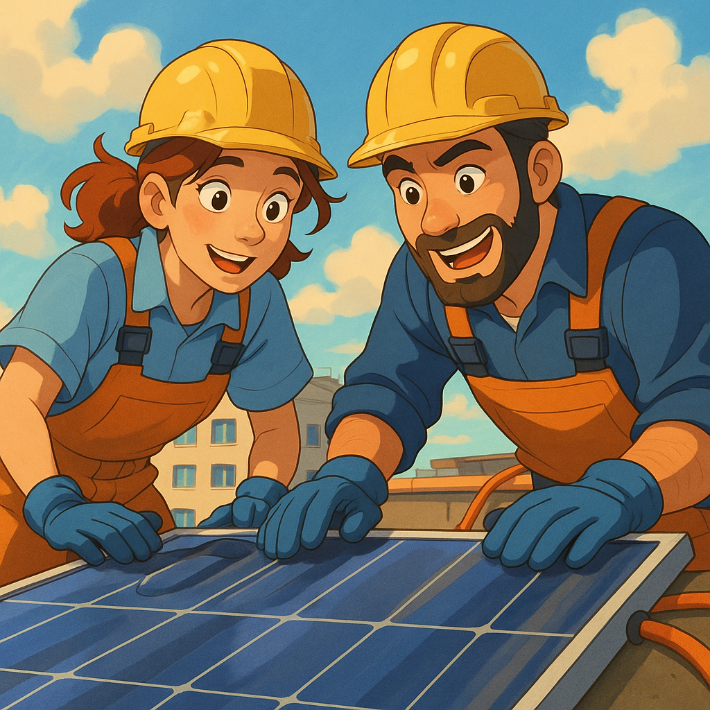 Deux techniciens sont penchés sur un panneau solaire thermique du toit d'un immeuble