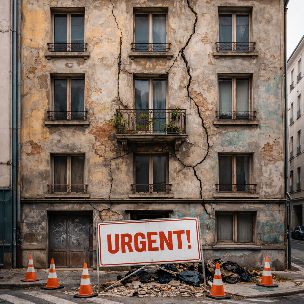 Un immeuble délabré avec des cônes de chantier et un panneau urgent