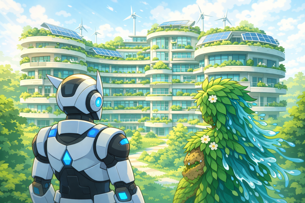 Un robot et dame nature sont face à une énorme copropriété mêlant technologie et écologie