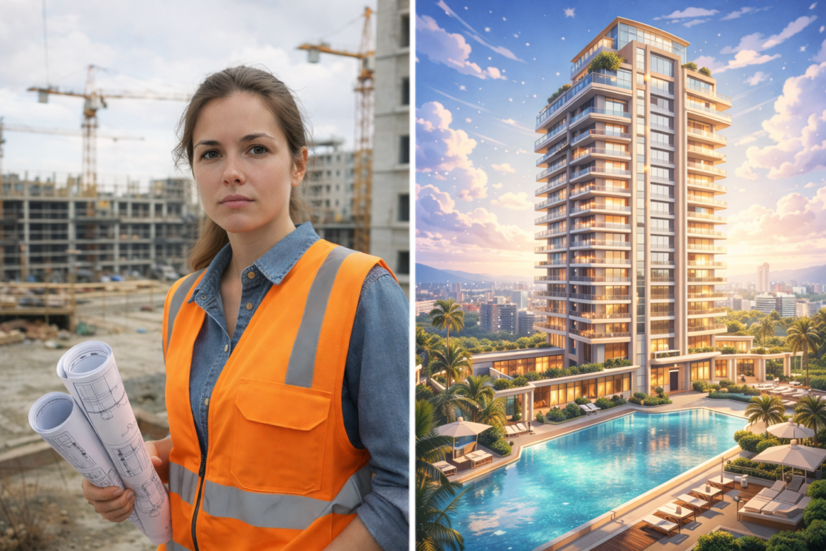 Immeuble prenant des plombent à rénover à gauche, illusion d'un immeuble haut de gamme rapidement construit à droite
