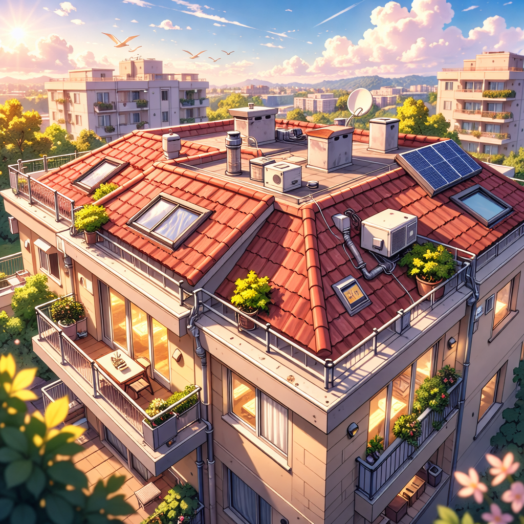 Illustration d'une toiture de copropriété avec velux et panneaux solaires